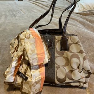 Coach brown and tan signature purse with scarf